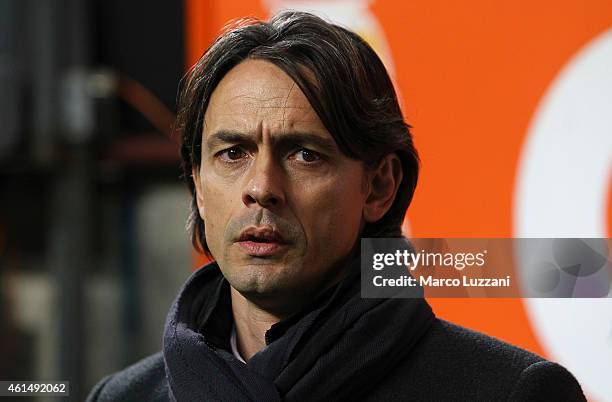 Milan coach Filippo Inzaghi looks on before the TIM Cup match between AC Milan and US Sassuolo Calcio at Stadio Giuseppe Meazza on January 13, 2015...