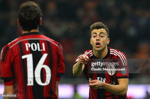 Stephan El Shaarawy of AC Milan speaks to his team-mate Andrea Poli during the TIM Cup match between AC Milan and US Sassuolo Calcio at Stadio...