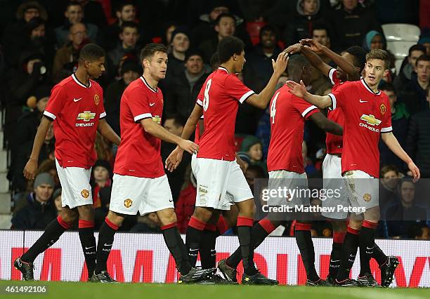 Callum Gribbin of Manchester United U18s celebrates scoring their third goal during the FA Youth Cup Fourth Round match between Manchester United...