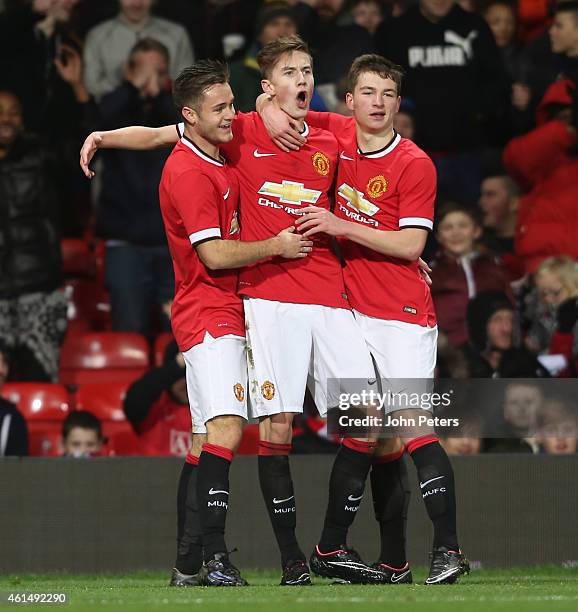Callum Gribbin of Manchester United U18s celebrates scoring their third goal during the FA Youth Cup Fourth Round match between Manchester United...
