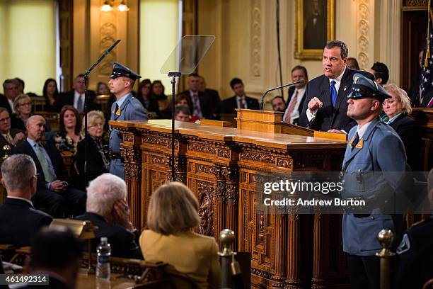 New Jersey Governor Chris Christie gives the annual State of the State address on January 13, 2015 in Trenton, New Jersey. Christie addressed topics...