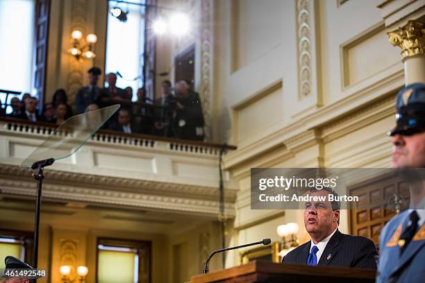 New Jersey Governor Chris Christie gives the annual State of the State address on January 13, 2015 in Trenton, New Jersey. Christie addressed topics...