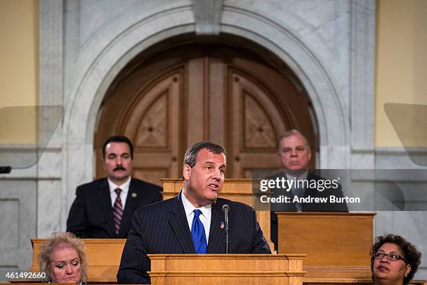 New Jersey Governor Chris Christie gives the annual State of the State address on January 13, 2015 in Trenton, New Jersey. Christie addressed topics...