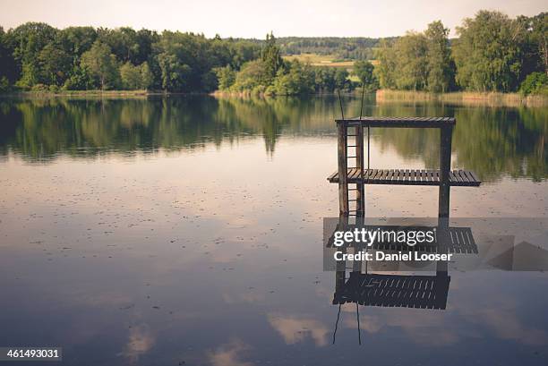 Diving platform in a lake in autumn/ fall in switzerland. Soft tones, filtre, nature, light, pond, mirroring water, sky. Ein sprungturm in einem see...