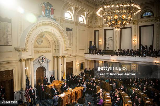 New Jersey Governor Chris Christie gives the annual State of the State address on January 13, 2015 in Trenton, New Jersey. Christie addressed topics...
