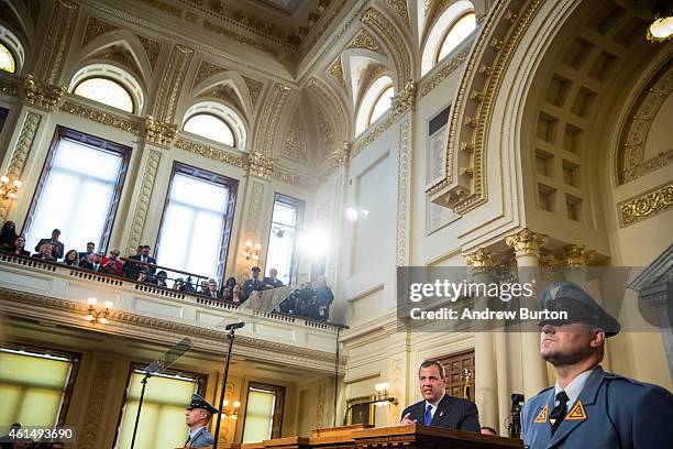 New Jersey Governor Chris Christie gives the annual State of the State address on January 13, 2015 in Trenton, New Jersey. Christie addressed topics...