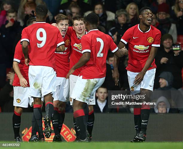 Callum Gribbin of Manchester United U18s celebrates scoring their third goal during the FA Youth Cup Fourth Round match between Manchester United...