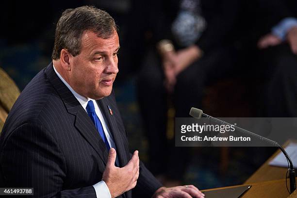 New Jersey Governor Chris Christie gives the annual State of the State address on January 13, 2015 in Trenton, New Jersey. Christie addressed topics...