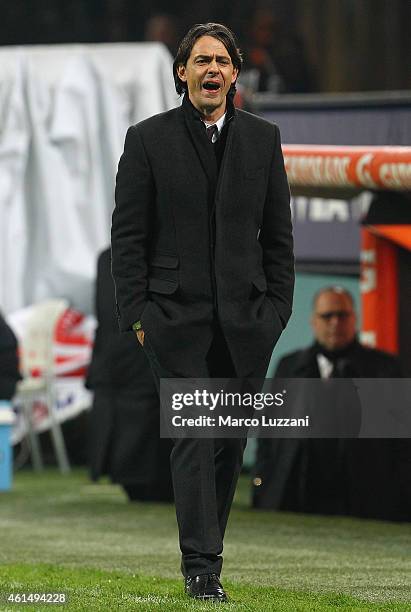 Milan coach Filippo Inzaghi issues instructions to his players during the TIM Cup match between AC Milan and US Sassuolo Calcio at Stadio Giuseppe...