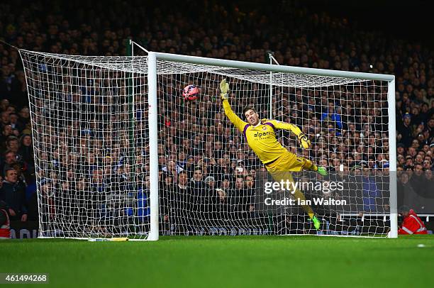 Goalkeeper Adrian of West Ham United fails to stop Kevin Mirallas of Everton scoring their first and equalising goal from a free kick during the FA...