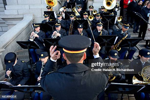 Members of the 101st Army band play before the inauguration ceremony of Governor John Hickenlooper at the state capitol in Denver, CO on January 13,...