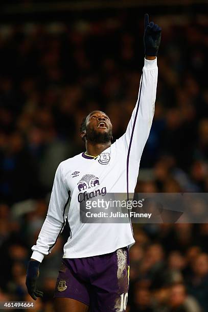 Romelu Lukaku of Everton points to the sky as he celebrates scoring their second goal during the FA Cup Third Round Replay match between West Ham...