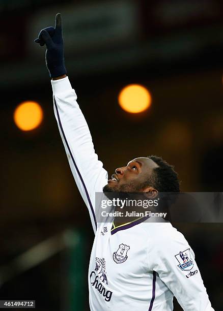 Romelu Lukaku of Everton points to the sky as he celebrates scoring their second goal during the FA Cup Third Round Replay match between West Ham...