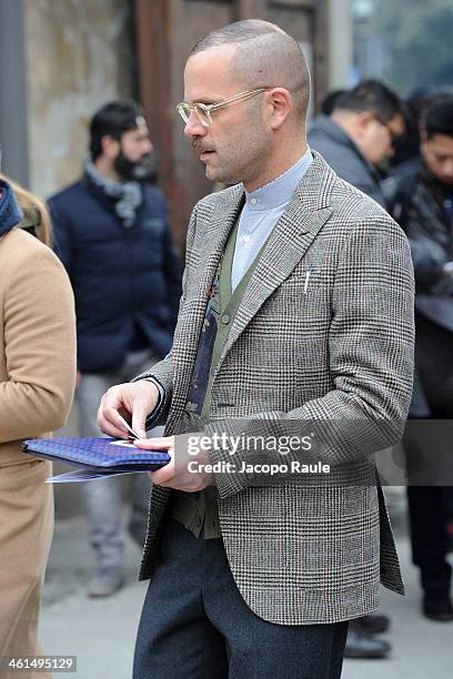 Angelo Flaccavento is seen during Pitti Immagine Uomo 85 on January 9, 2014 in Florence, Italy.