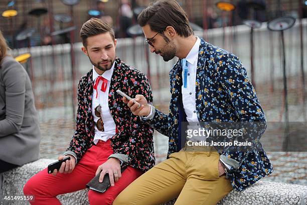 Guests are seen during Pitti Immagine Uomo 85 on January 9, 2014 in Florence, Italy.