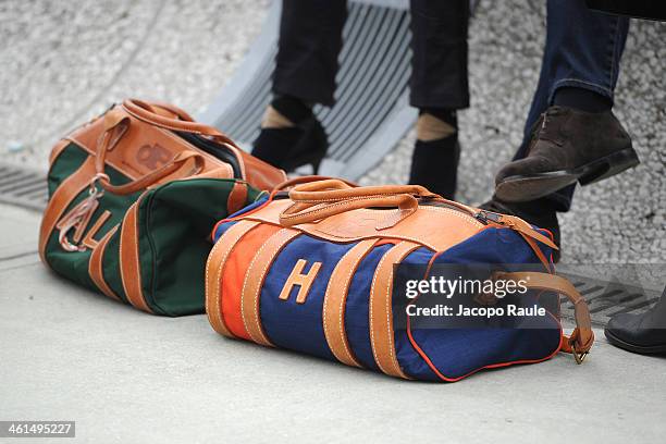 Details of bags during the Pitti Immagine Uomo 85 on January 9, 2014 in Florence, Italy.