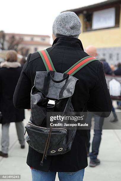 Detail of Gucci backpack during Pitti Immagine Uomo 85 on January 9, 2014 in Florence, Italy.