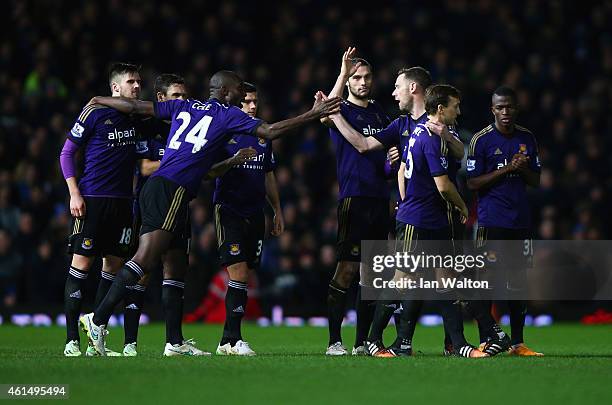 West Ham United players react during a penalty shoot out in the FA Cup Third Round Replay match between West Ham United and Everton at Boleyn Ground...