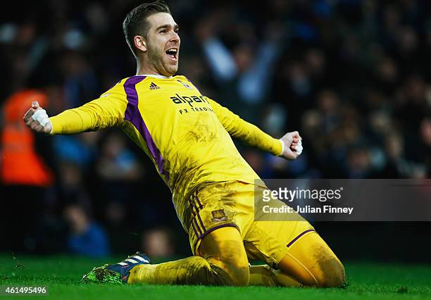 Adrian of West Ham United celebrates as he scores the winning penalty in the shoot out during the FA Cup Third Round Replay match between West Ham...