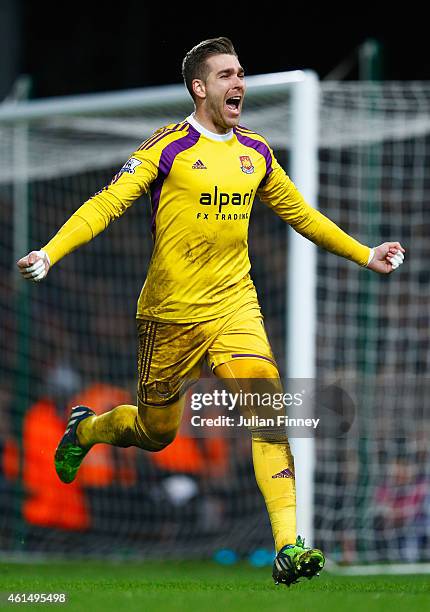 Adrian of West Ham United celebrates as he scores the winning penalty in the shoot out during the FA Cup Third Round Replay match between West Ham...