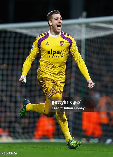 Adrian of West Ham United celebrates as he scores the winning penalty in the shoot out during the FA Cup Third Round Replay match between West Ham...