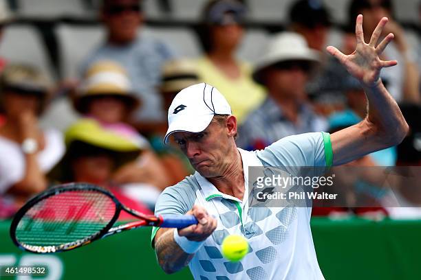 Kevin Anderson of South Africa plays a forehand in his singles match against Jan-Lennard Struff of Germany during day three of the 2015 Heineken Open...