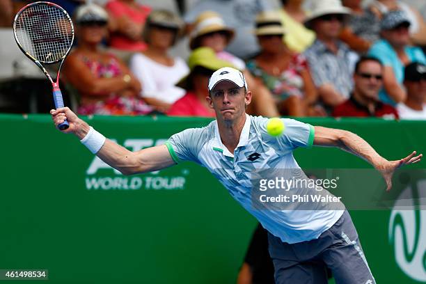Kevin Anderson of South Africa plays a forehand in his singles match against Jan-Lennard Struff of Germany during day three of the 2015 Heineken Open...