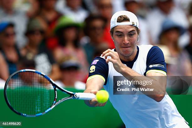 Jan-Lennard Struff of Germany plays a forehand in his singles match against Kevin Anderson of South Africa during day three of the 2015 Heineken Open...