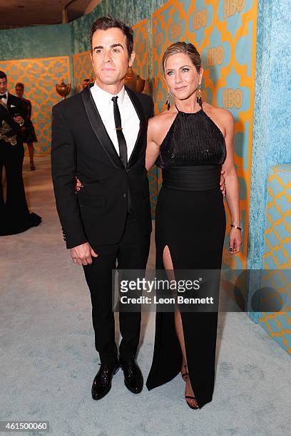 Justin Theroux and Jennifer Aniston arrives at the HBO'S Post Golden Globe Party at The Beverly Hilton Hotel on January 11, 2015 in Beverly Hills,...