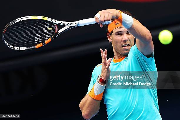 Rafael Nadal of Spain hits a forehand during a practice session ahead of the 2015 Australian Open at Melbourne Park on January 14, 2015 in Melbourne,...