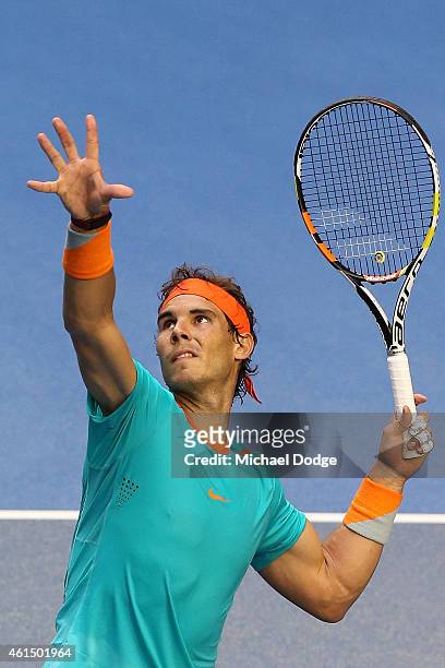 Rafael Nadal of Spain prepares to smash a lob during a practice session ahead of the 2015 Australian Open at Melbourne Park on January 14, 2015 in...