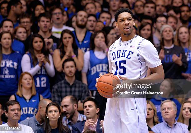 Jahlil Okafor of the Duke Blue Devils reacts after being called for a foul during a loss to the Miami Hurricanes at Cameron Indoor Stadium on January...