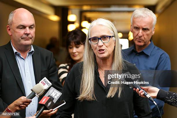 Jane Campion speaks to media while James Cameron looks on during the screen advisory board inaugural meeting at Park Road Post Production offices on...