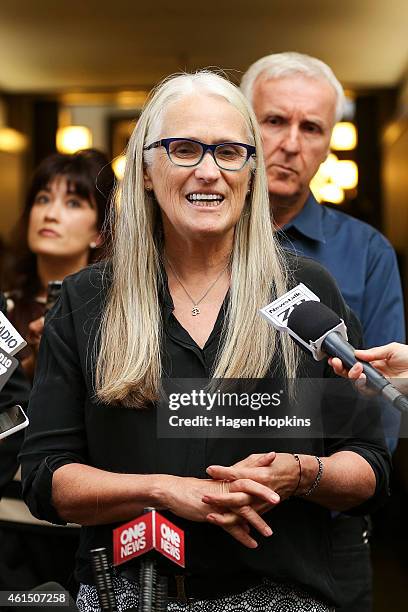 Jane Campion speaks to media while James Cameron looks on attends the screen advisory board inaugural meeting at Park Road Post Production offices on...