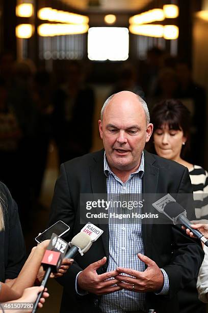 Minister for Economic Development, Steven Joyce speaks to media during the screen advisory board inaugural meeting at Park Road Post Production...