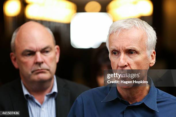 James Cameron speaks to media while Minister for Economic Development, Steven Joyce looks on during the screen advisory board inaugural meeting at...