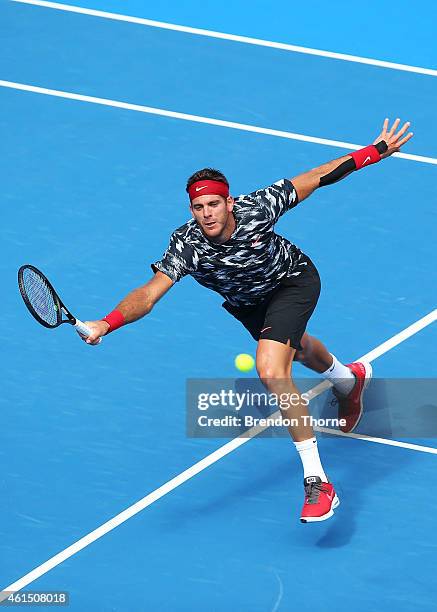 Juan Martin Del Potro of Argentina plays a forehand volley in his second round match against Fabio Faognini of Italy during day four of the 2015...