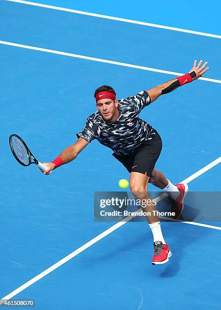 Juan Martin Del Potro of Argentina plays a forehand volley in his second round match against Fabio Faognini of Italy during day four of the 2015...