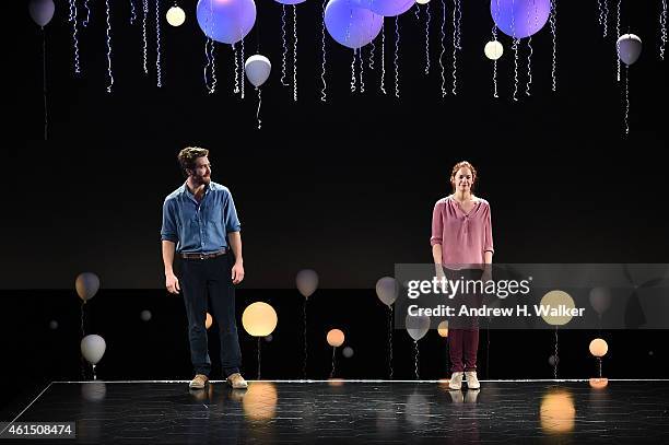 Actors Jake Gyllenhaal and Ruth Wilson attend "Constellations" Broadway opening night curtain call at Samuel J. Friedman Theatre on January 13, 2015...