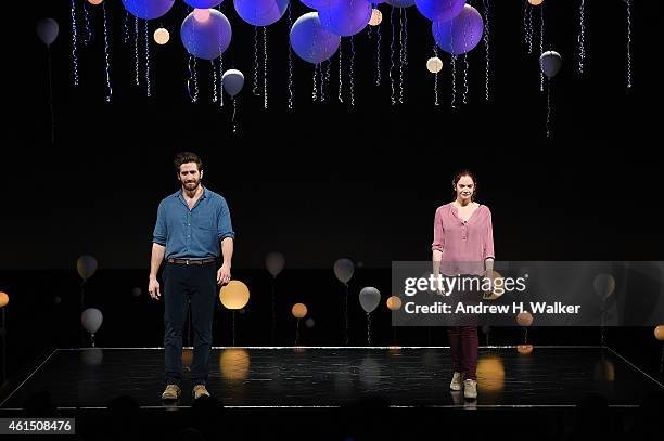 Actors Jake Gyllenhaal and Ruth Wilson attend "Constellations" Broadway opening night curtain call at Samuel J. Friedman Theatre on January 13, 2015...