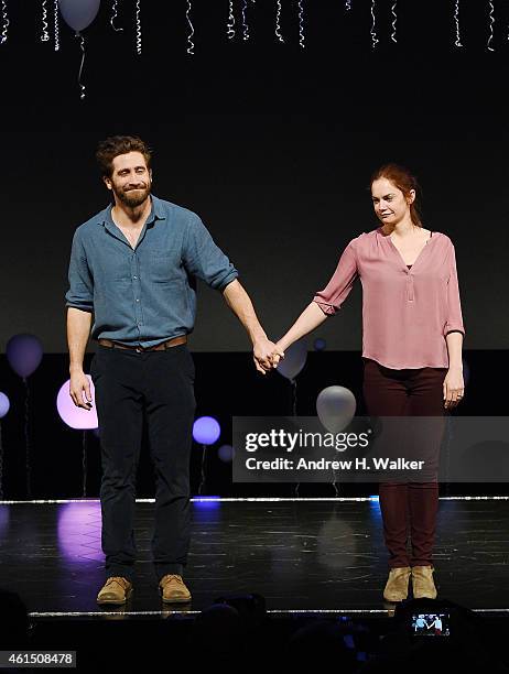 Actors Jake Gyllenhaal and Ruth Wilson attend "Constellations" Broadway opening night curtain call at Samuel J. Friedman Theatre on January 13, 2015...