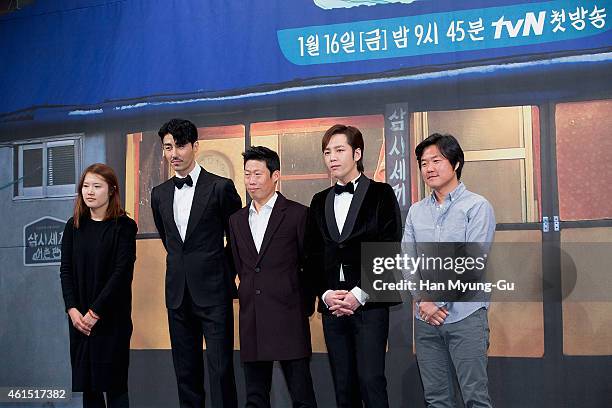 TvN producer Shin Hyo-Jung, actors Cha Seung-Won, Yu Hae-Jin, Jang Keun-Suk and tvN producer Na Young-Suk attend the press conference for tvN '3...