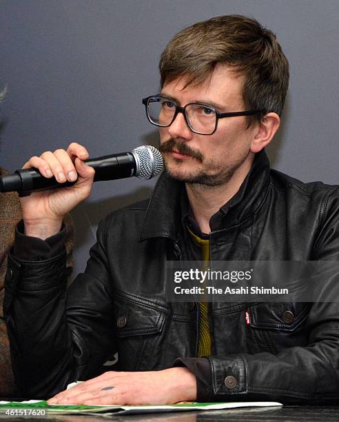 Charlie Hebdo cartoonist, Renald Luzier aka Luz, speaks during a Charlie Hebdo press conference held at the Liberation offices in Paris on January...