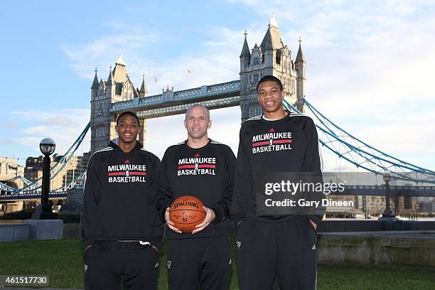 Brandon Knight, Head Coach Jason Kidd and Giannis Antetokounmpo of the Milwaukee Bucks poses for a photo as part of the 2015 Global Games on January...