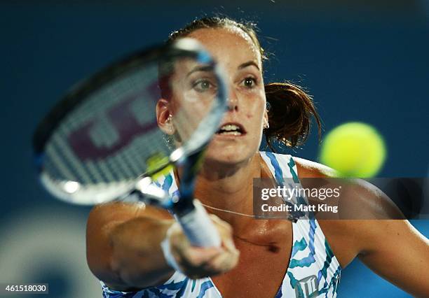 Jarmila Gajdosova of Australia plays a forehand in her quarter final match against Petra Kvitova of the Czech Republic during day four of the 2015...