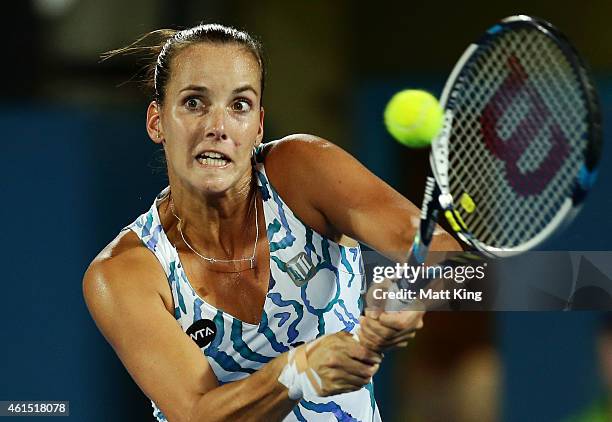 Jarmila Gajdosova of Australia plays a backhand in her quarter final match against Petra Kvitova of the Czech Republic during day four of the 2015...