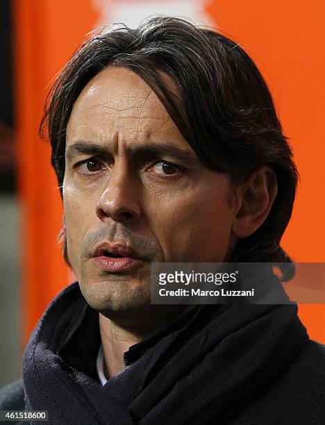 Milan coach Filippo Inzaghi looks on before the TIM Cup match between AC Milan and US Sassuolo Calcio at Stadio Giuseppe Meazza on January 13, 2015...
