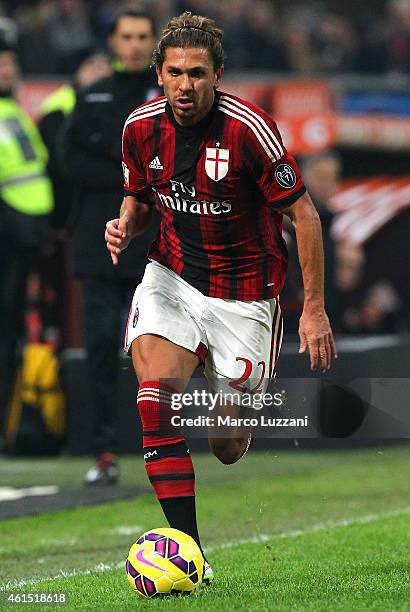 Alessio Cerci of AC Milan in action during the TIM Cup match between AC Milan and US Sassuolo Calcio at Stadio Giuseppe Meazza on January 13, 2015 in...