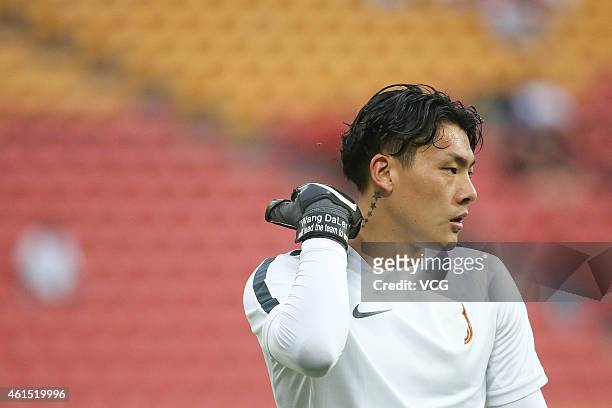 Wang Dalei of China warms up before the 2015 Asian Cup match between China PR and Uzbekistan at Suncorp Stadium on January 14, 2015 in Brisbane,...