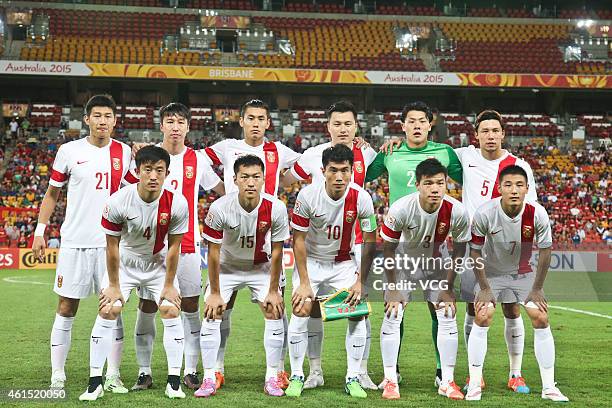 Chinese team members pose before the 2015 Asian Cup match between China PR and Uzbekistan at Suncorp Stadium on January 14, 2015 in Brisbane,...